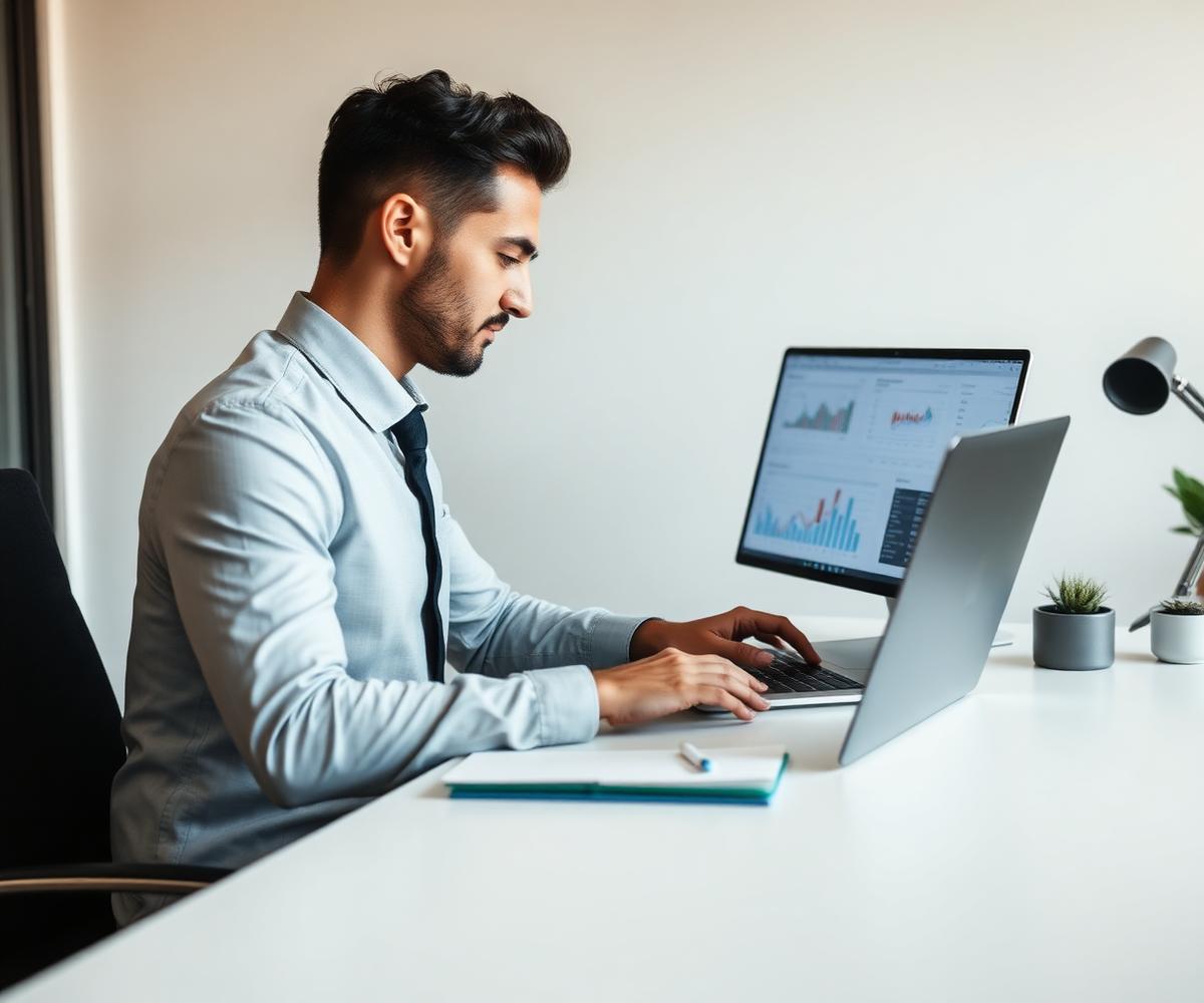 Business owner reviewing performance on a laptop